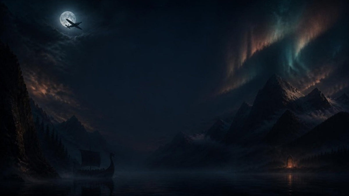 Nachtelijke fjord met noorderlicht, een vliegtuig voor de maan en een vikingschip in de mist