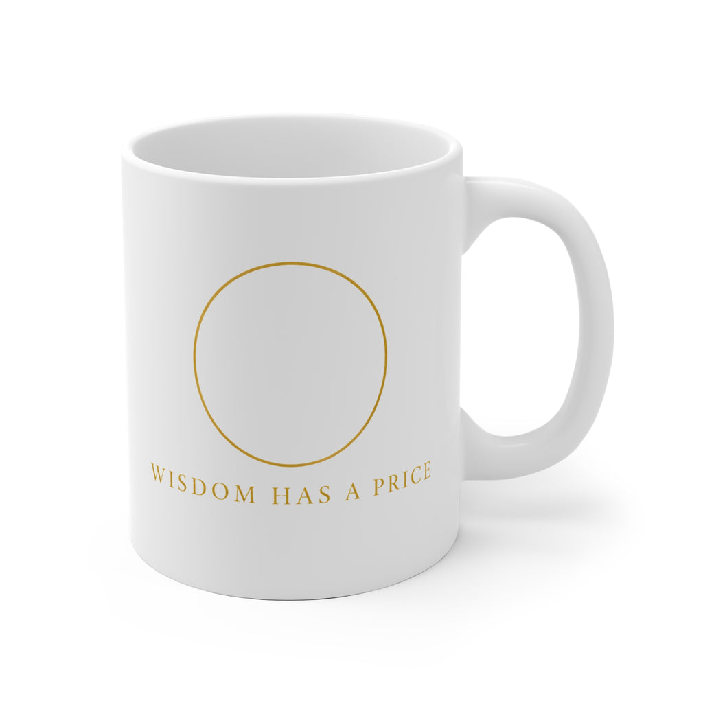 Rückseite der Tasse mit einem goldenen Kreis für dein eigenes Foto und dem Text Wisdom has a price