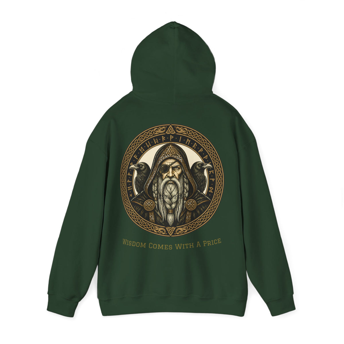 Hoodie met het goudkleurige Odin-embleem met raven en runen