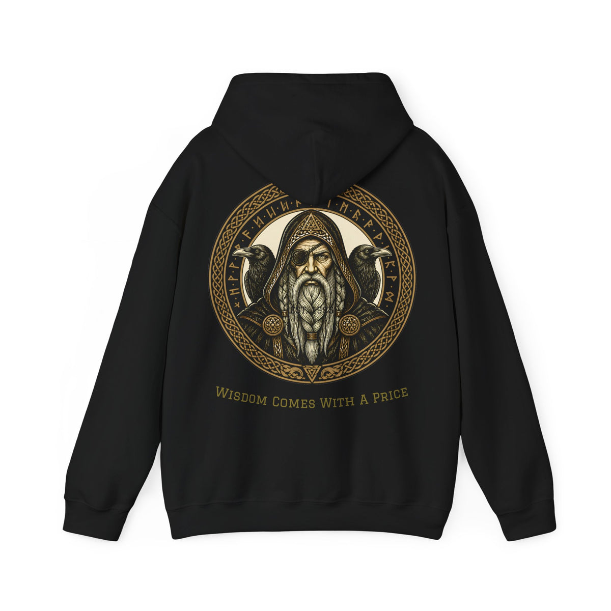 Hoodie met het goudkleurige Odin-embleem met raven en runen
