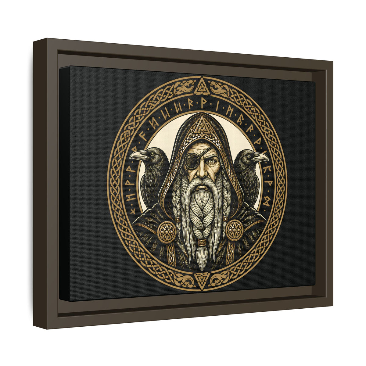 Ingelijst canvas met het goudkleurige Odin-embleem in een espresso lijst