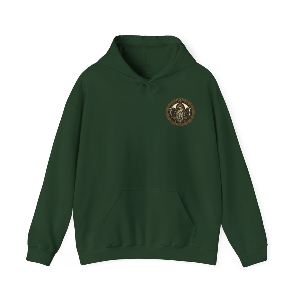 Forest green hoodie with the gold Odin emblem on the chest