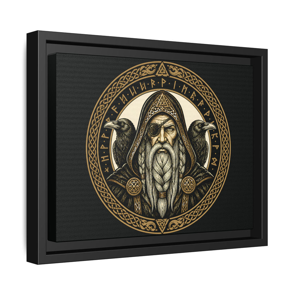 Ingelijst canvas met het goudkleurige Odin-embleem in een zwarte lijst