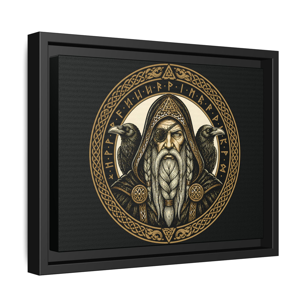 Ingelijst canvas met het goudkleurige Odin-embleem in een zwarte lijst