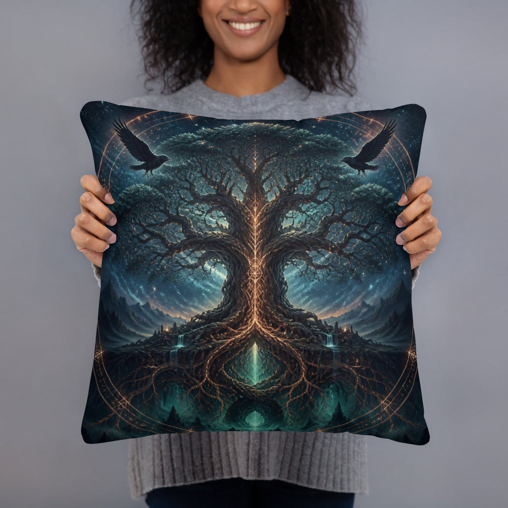 Sierkussen met de wereldboom Yggdrasil, raven en runen