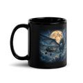 Black mug with a biplane and a dragon in front of the full moon