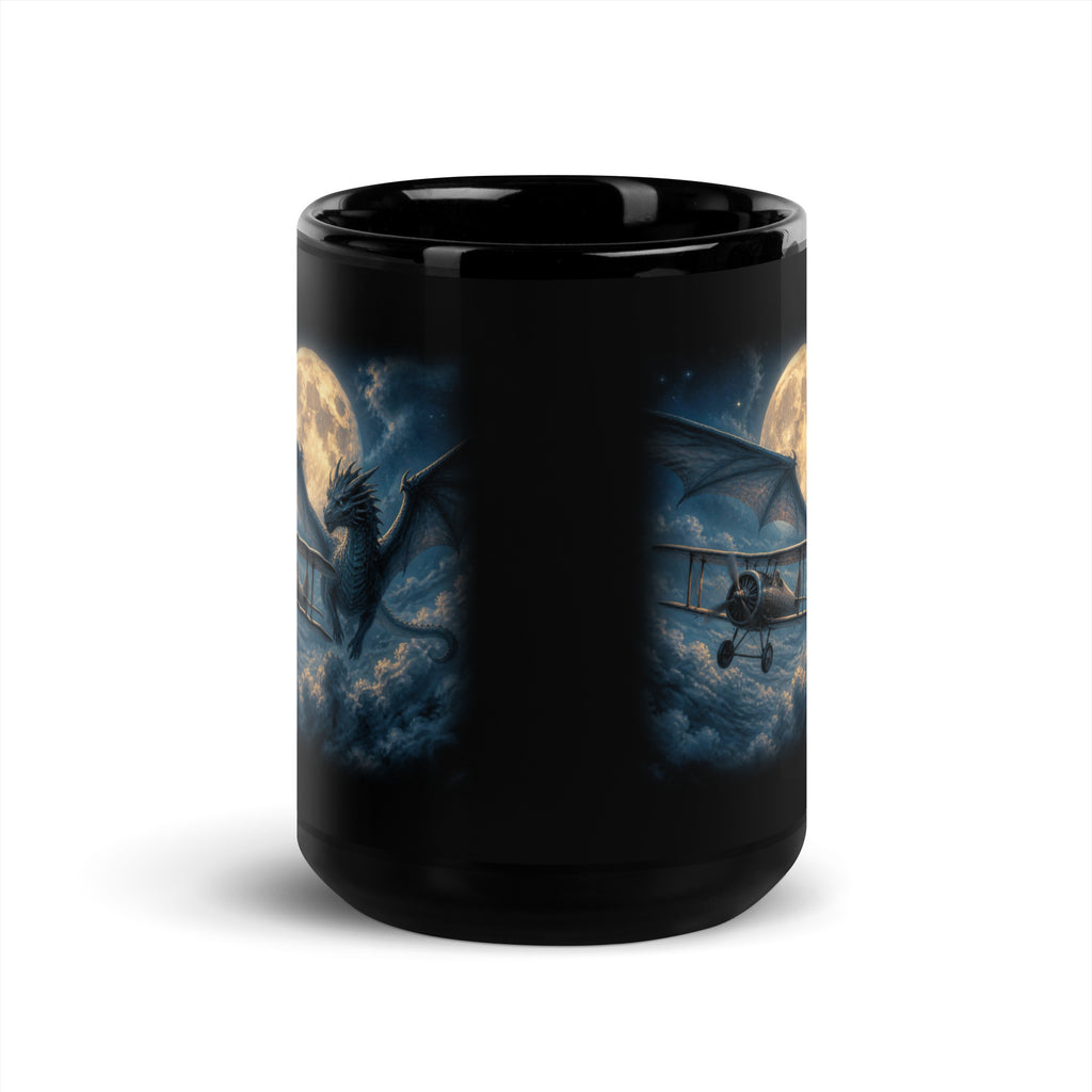Black mug with a biplane and a dragon in front of the full moon