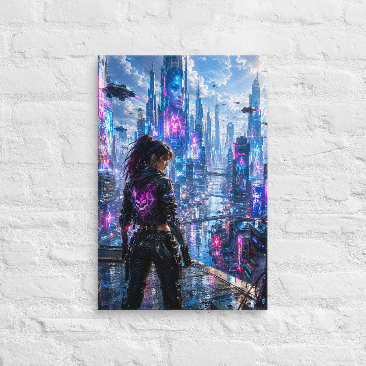 Canvasprint van een vrouw in een cyberpunkstad met neonlicht
