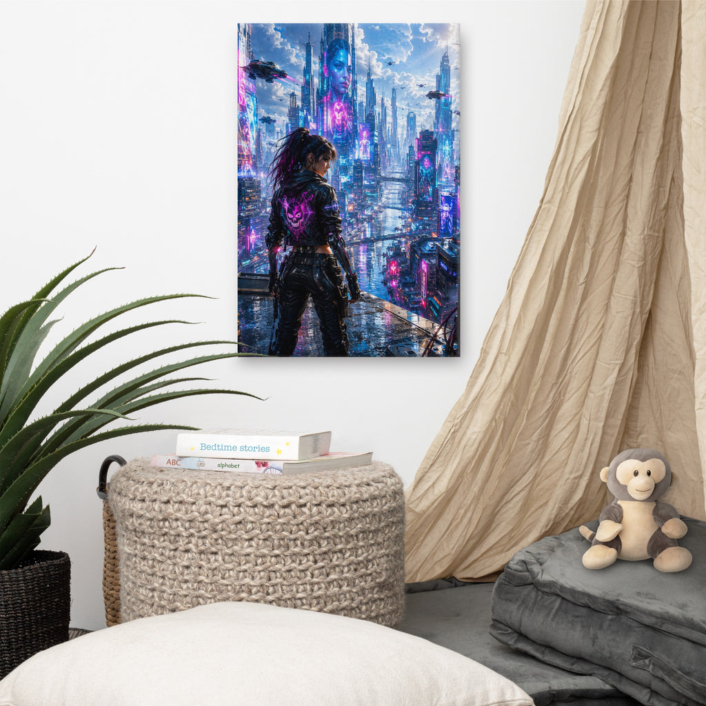 Canvasprint van een vrouw in een cyberpunkstad met neonlicht