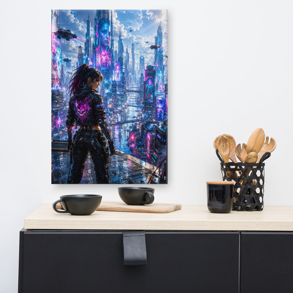 Canvasprint van een vrouw in een cyberpunkstad met neonlicht