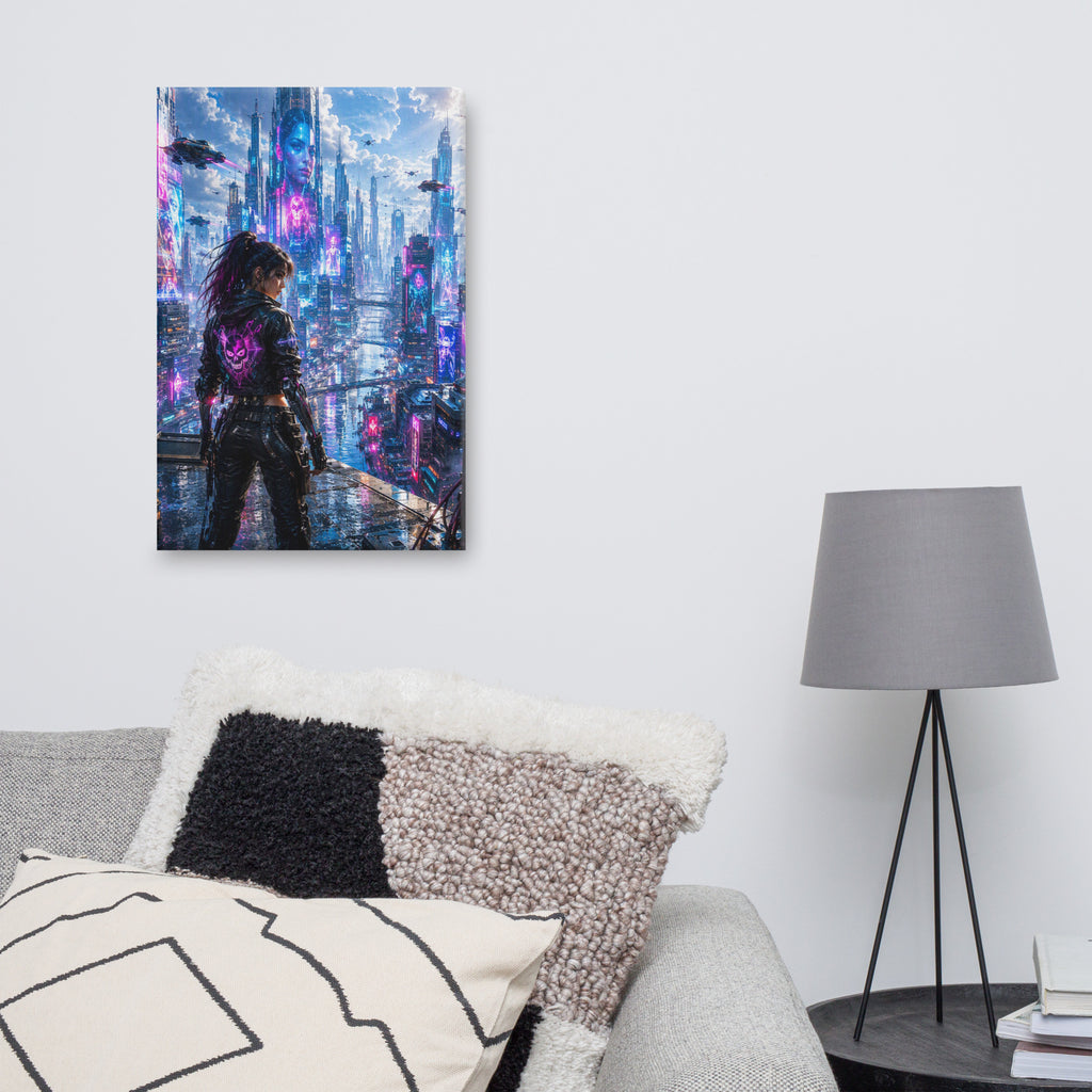 Canvasprint van een vrouw in een cyberpunkstad met neonlicht
