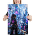 Canvasprint van een vrouw in een cyberpunkstad met neonlicht