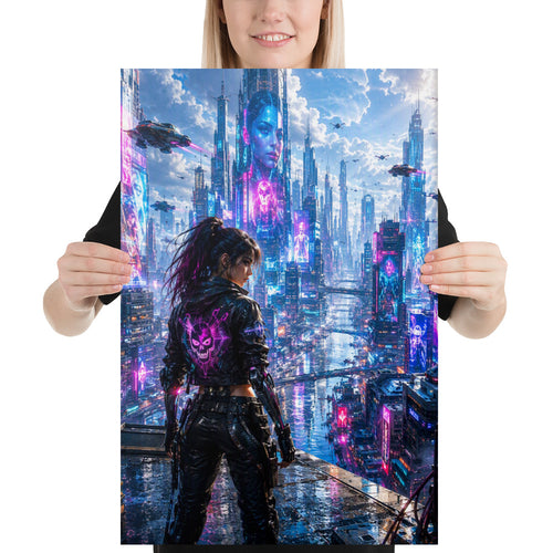 Canvasprint van een vrouw in een cyberpunkstad met neonlicht