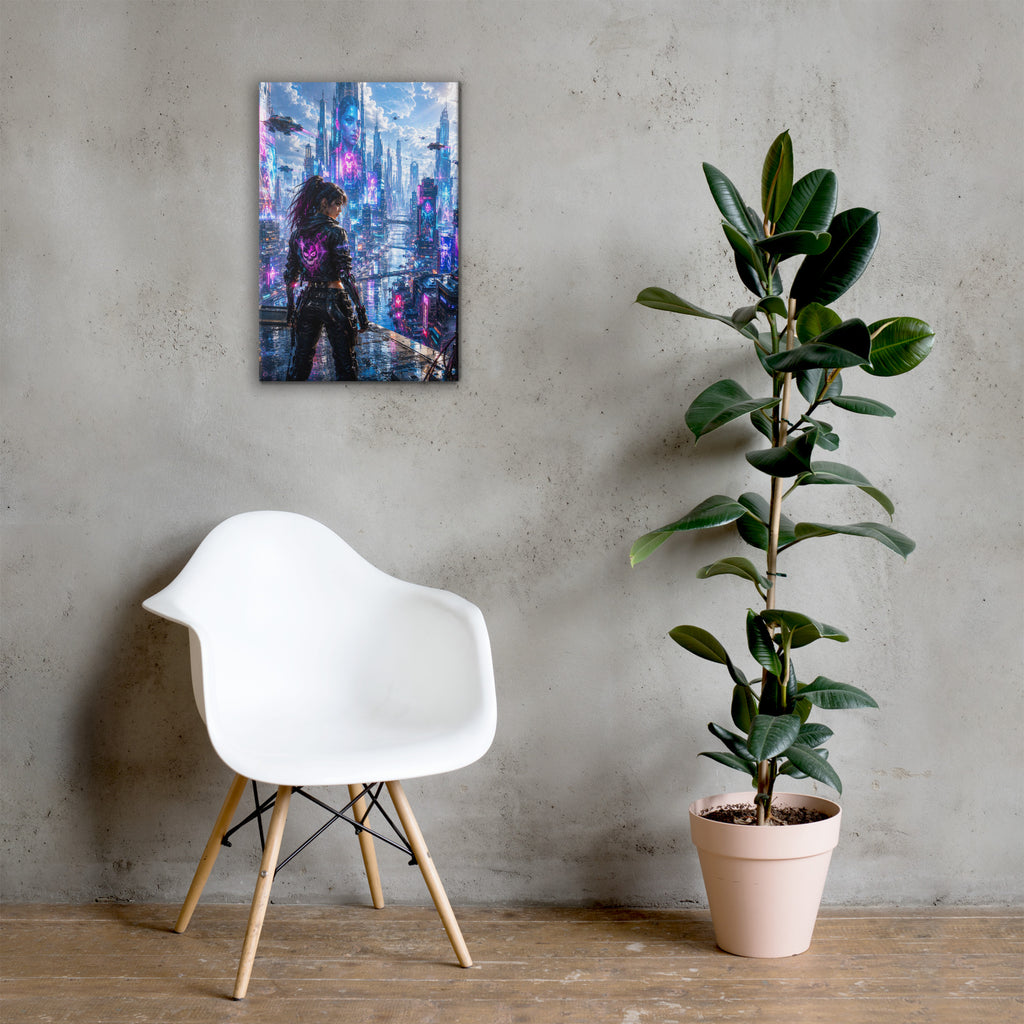 Canvasprint van een vrouw in een cyberpunkstad met neonlicht
