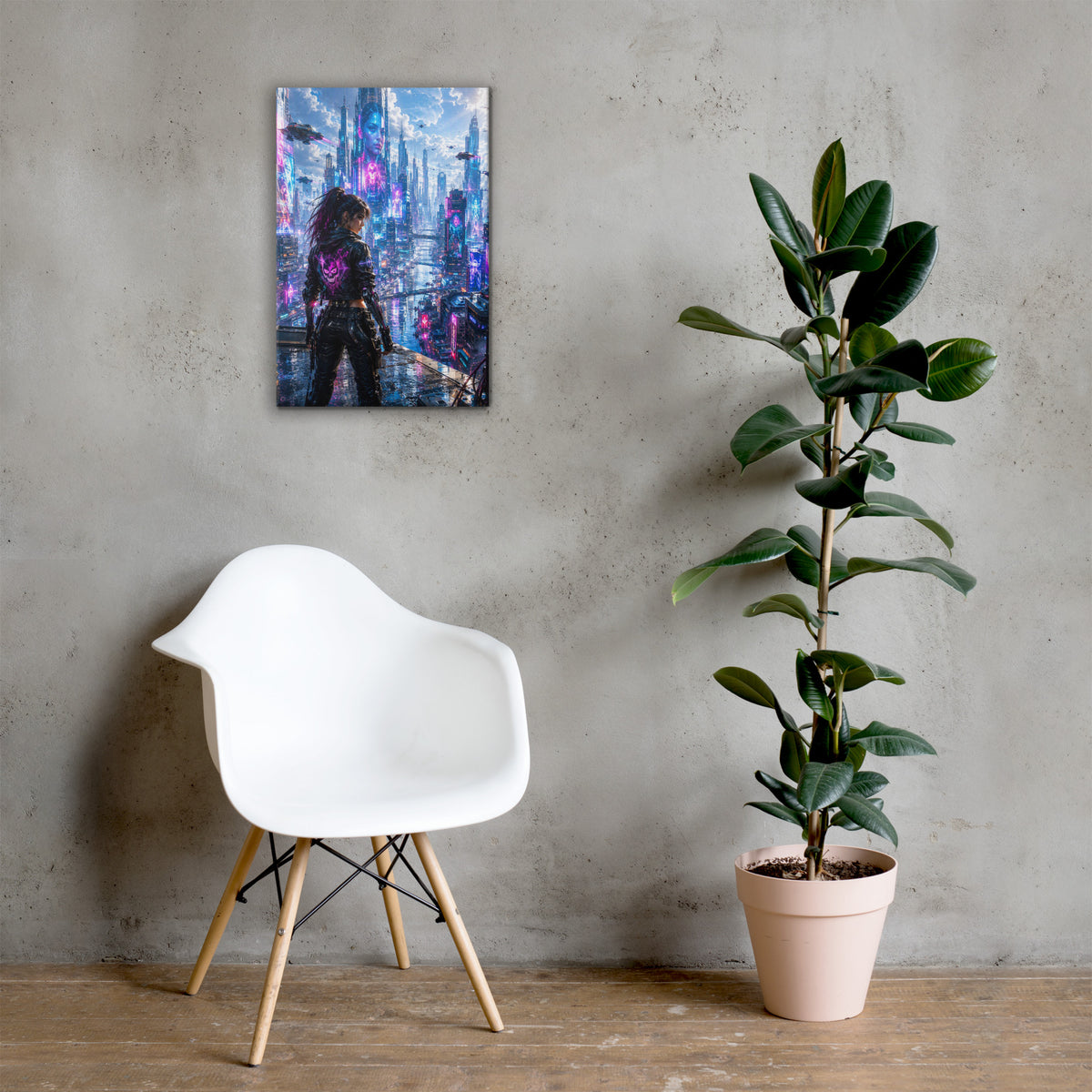 Canvasprint van een vrouw in een cyberpunkstad met neonlicht