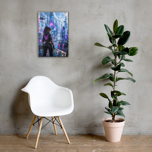 Canvasprint van een vrouw in een cyberpunkstad met neonlicht