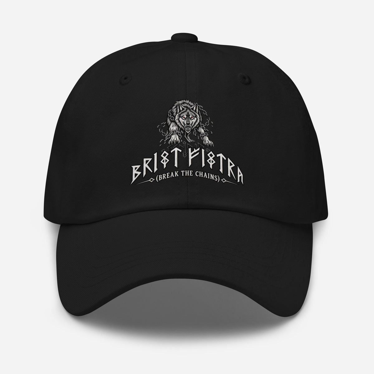 Zwarte dad cap met de wolf Fenrir en de runentekst Brjót fjötra (break the chains)