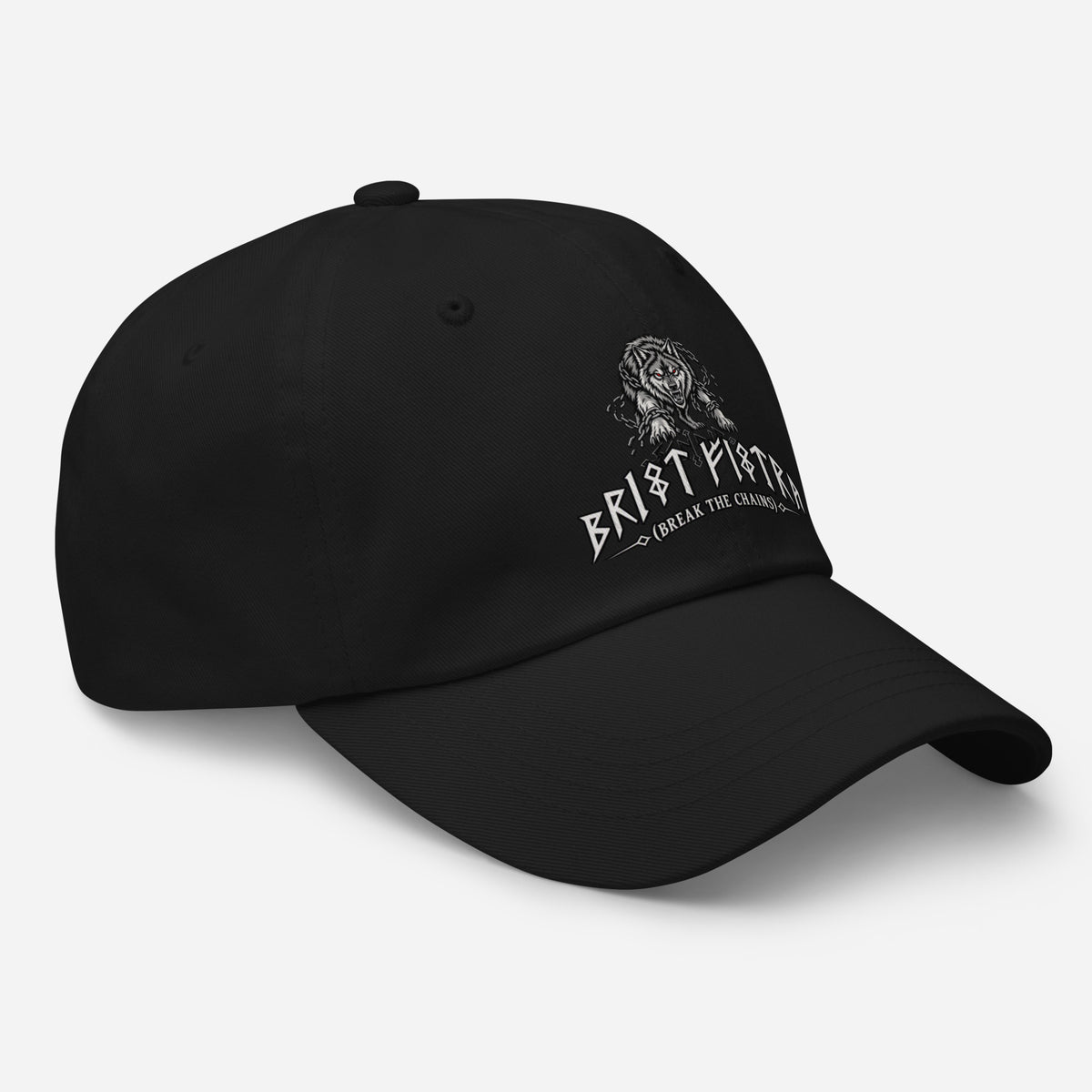 Zwarte dad cap met de wolf Fenrir en de runentekst Brjót fjötra (break the chains)