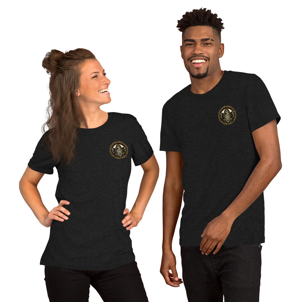 Man and woman wearing a heather black T-shirt with the gold Odin emblem on the chest