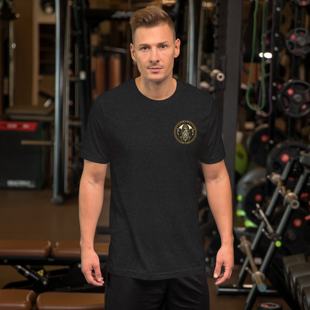 T-shirt in heather black with the gold Odin emblem with ravens on the chest