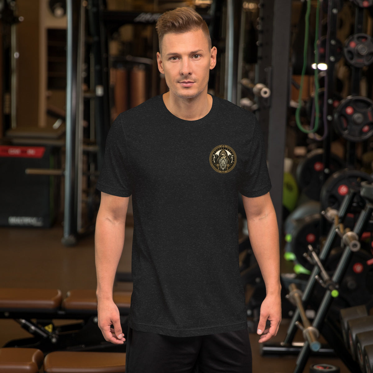T-shirt in heather black with the gold Odin emblem with ravens on the chest
