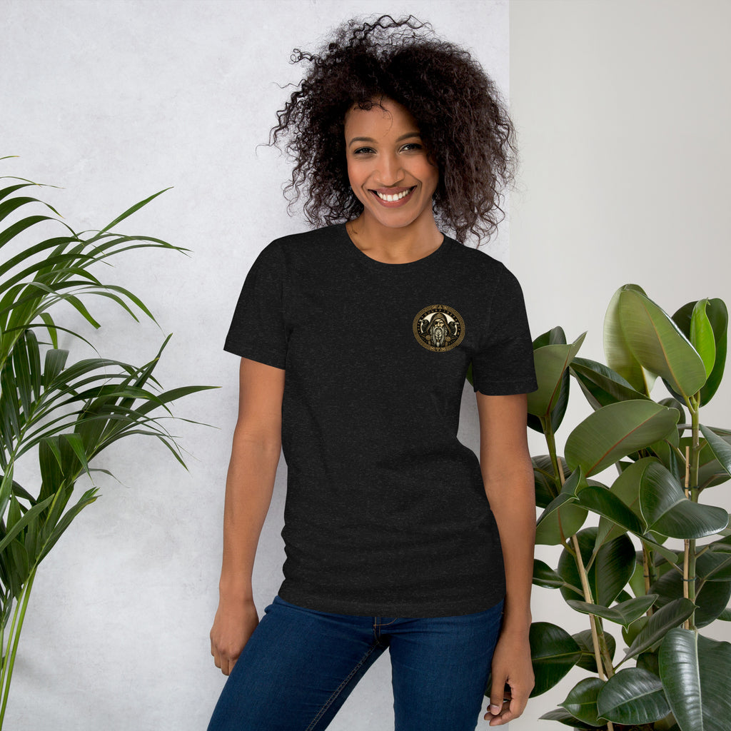 T-shirt in heather black with the gold Odin emblem with ravens on the chest