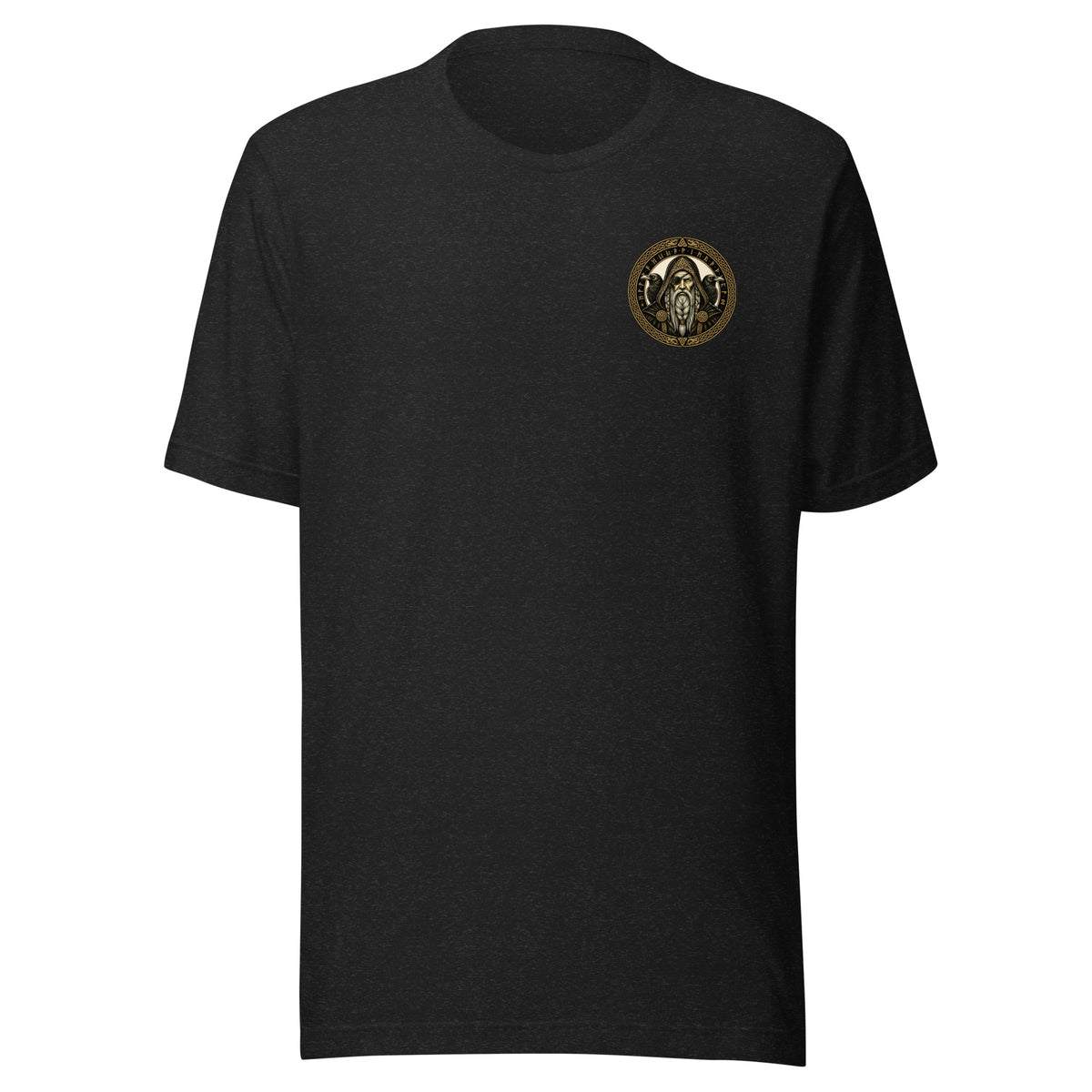 T-shirt in heather black with the gold Odin emblem with ravens on the chest