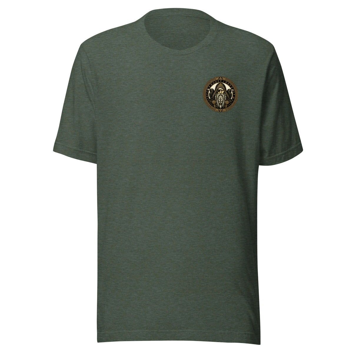 T-shirt in heather forest green with the gold Odin emblem with ravens on the chest