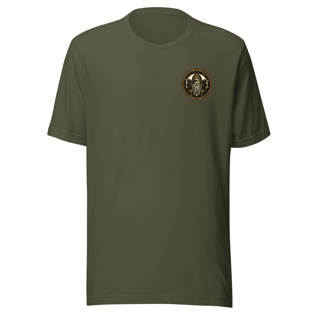 T-shirt in military green with the gold Odin emblem with ravens on the chest