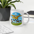 Cartoonmok met een gele Piper Cub met een eend die meelift