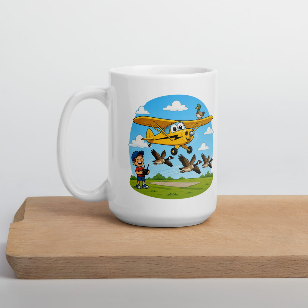 Cartoonmok met een gele Piper Cub met een eend die meelift