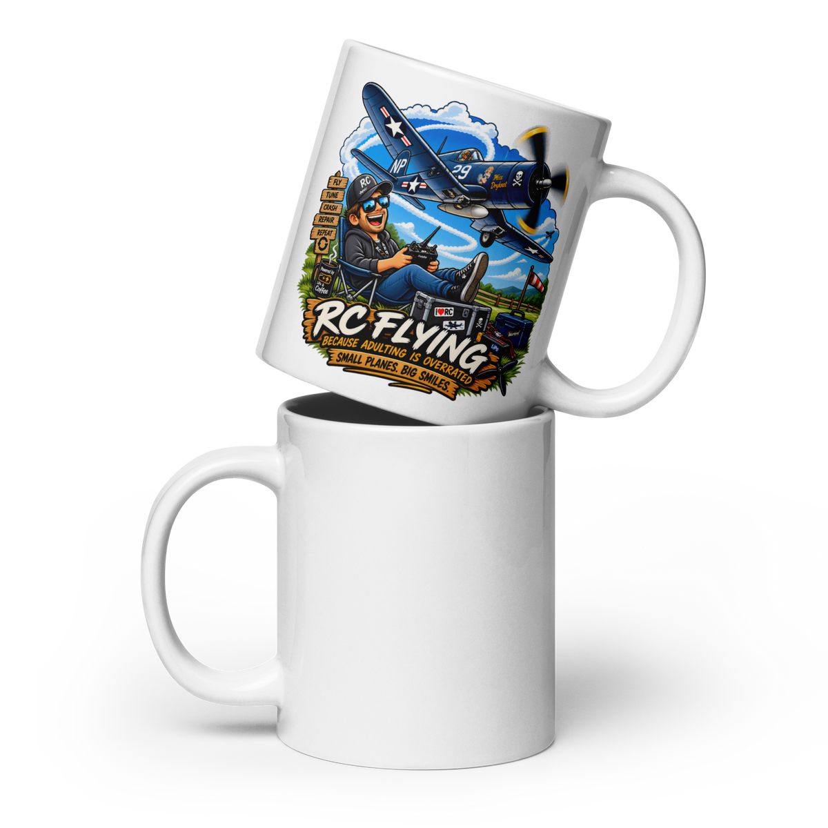 Witte mok met het vintage jachtvliegtuig Corsair